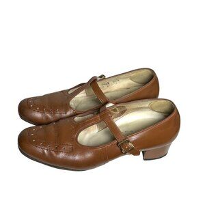 Vintage Real Leather Mary Jane T Strap Shoes 1940s Sz 9.5 Leather Sole Buckle